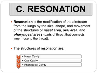  Resonation is the modification of the airstream
from the lungs by the size, shape, and movement
of the structures of nasal area, oral area, and
pharyngeal areas (parts of throat that connects
inner nose to the throat).
 The structures of resonation are:
C. RESONATION
1 • Nasal Cavity
2 • Oral Cavity
3 • Pharyngeal Cavity
 