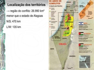 Localização dos territórios
→ região do conflito: 26.990 km²
menor que o estado de Alagoas
N/S: 470 km
L/W: 135 km
 