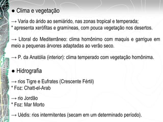 ● Clima e vegetação
→ Varia do árido ao semiárido, nas zonas tropical e temperada;
* apresenta xerófitas e gramíneas, com pouca vegetação nos desertos.
→ Litoral do Mediterrâneo: clima homônimo com maquis e garrigue em
meio a pequenas árvores adaptadas ao verão seco.
→ P. da Anatólia (interior): clima temperado com vegetação homônima.
● Hidrografia
→ rios Tigre e Eufrates (Crescente Fértil)
* Foz: Chatt-el-Arab
→ rio Jordão
* Foz: Mar Morto
→ Uédis: rios intermitentes (secam em um determinado período).
 
