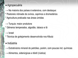 Agropecuária
→ Na maioria dos países é extensiva, com destaque:
* Pastoreio nômade de ovinos, caprinos e dromedários
* Agricultura praticada nas áreas úmidas
→ Turquia: maior produtora
* Gêneros temperados, algodão, tabaco e lã
→ Israel
* Técnica de gotejamento desenvolvida nos Kibutz
Indústria
→ Extrativismo mineral do petróleo, porém, com poucas ind. químicas
→ Alimentos, siderúrgicas e têxtil (rústica)
 