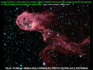 Imagem similar a uma criatura em chama. Expõe o interior de uma nuvem escura de poeira da nebulosa
IC 1396. Estrelas jovens podem ser observadas. http://www.spitzer.caltech.edu




    VEJA FILME: 6. NEBULOSA FORMAÇÃO PROTO ESTRELAS E SISTEMAS
 