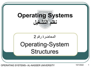 Operating Systems
‫التشغيل‬ ‫نظم‬
‫رقم‬ ‫المحاضرة‬
2
Operating-System
Structures
10/1/2022 1
OPERATING SYSTEMS– AL-NASSER UNIVERSITY
 