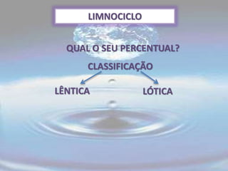 LIMNOCICLO
QUAL O SEU PERCENTUAL?
CLASSIFICAÇÃO
LÊNTICA LÓTICA
 