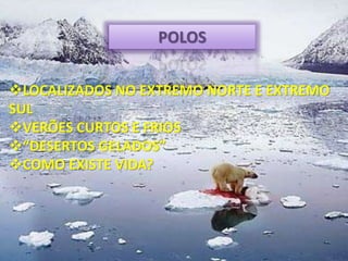 POLOS
LOCALIZADOS NO EXTREMO NORTE E EXTREMO
SUL
VERÕES CURTOS E FRIOS
“DESERTOS GELADOS”
COMO EXISTE VIDA?
 