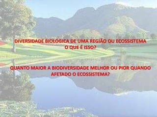 DIVERSIDADE BIOLÓGICA DE UMA REGIÃO OU ECOSSISTEMA
O QUE É ISSO?
QUANTO MAIOR A BIODIVERSIDADE MELHOR OU PIOR QUANDO
AFETADO O ECOSSISTEMA?
 
