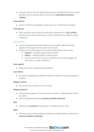• A porção inferior da crista esfenoidal articula-se imperfeitamente com o sulco
presente entre as asas do vómer, formando o canal esfeno-vomeriano
mediano.
Face posterior
• Possui uma lâmina quadrilátera rugosa que une o esfenoide ao occipital.
Faces laterais
• Dão inserção às asas maiores do esfenoide e apresentam o sulco carótico
(onde se situam o seio cavernoso, a artéria carótida interna e alguns nervos
cranianos).
Asas menores
• Lâminas triangulares de base medial, que se projetam lateralmente das
regiões ântero-superiores do corpo do esfenoide
• Destacam-se da face superior do corpo do esfenoide por duas raízes:
▪ Superior – achatada súpero-inferiormente;
▪ Inferior – achatada póstero-inferiormente;
▪ Circunscrevem com o corpo o canal ótico que vai dar passagem ao
nervo ótico e à artéria oftálmica.
Face superior
• Relaciona-se com o lobo frontal do cérebro.
Face inferior
• Faz parte da abóbada ca cavidade orbitária, formando a sua porção póstero-
superior.
Margem anterior
• Articula-se com o etmoide e com o frontal.
Margem posterior
• Contribui para separar as fossas cranianas anterior e média da base interna
do crânio;
• Termina medialmente pelos processos clinoides anteriores.
Base
• Apresenta o canal ótico onde passam a A. Oftálmica e o N. ótico.
Ápice
• Estende-se até à extremidade lateral da fissura orbital superior e termina no
processo xifoide do esfenoide.
Downloaded by Rodolfo Silva (rodolfosilva2982@gmail.com)
lOMoARcPSD|13795583
 