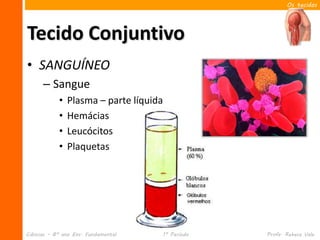 Os tecidos




Tecido Conjuntivo
• SANGUÍNEO
      – Sangue
            •   Plasma – parte líquida
            •   Hemácias
            •   Leucócitos
            •   Plaquetas




Ciências – 8º ano Ens. Fundamental       1º Período   Profa. Rebeca Vale
 