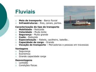 FluviaisMeio de transporte - Barco fluvialInfraestruturas - Rios, canais, portos.Caracterização do tipo de transporteMobilidade - ReduzidaVelocidade - Muito lentoSegurança - Muito grandeCusto - ReduzidoEspecialização – Rabelo, cacilheiro, batelão…Capacidade de carga - GrandeVocação de transporte – Mercadorias e pessoas em travessiasVantagensSegurançaEconómicoGrande capacidade cargaDesvantagensLentidãoCondições físicas