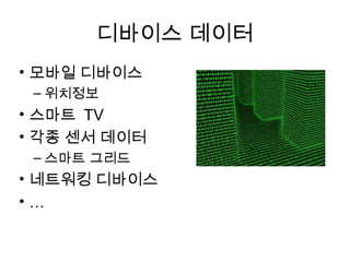 디바이스 데이터
• 모바일 디바이스
 – 위치정보
• 스마트 TV
• 각종 센서 데이터
 – 스마트 그리드
• 네트워킹 디바이스
•…
 