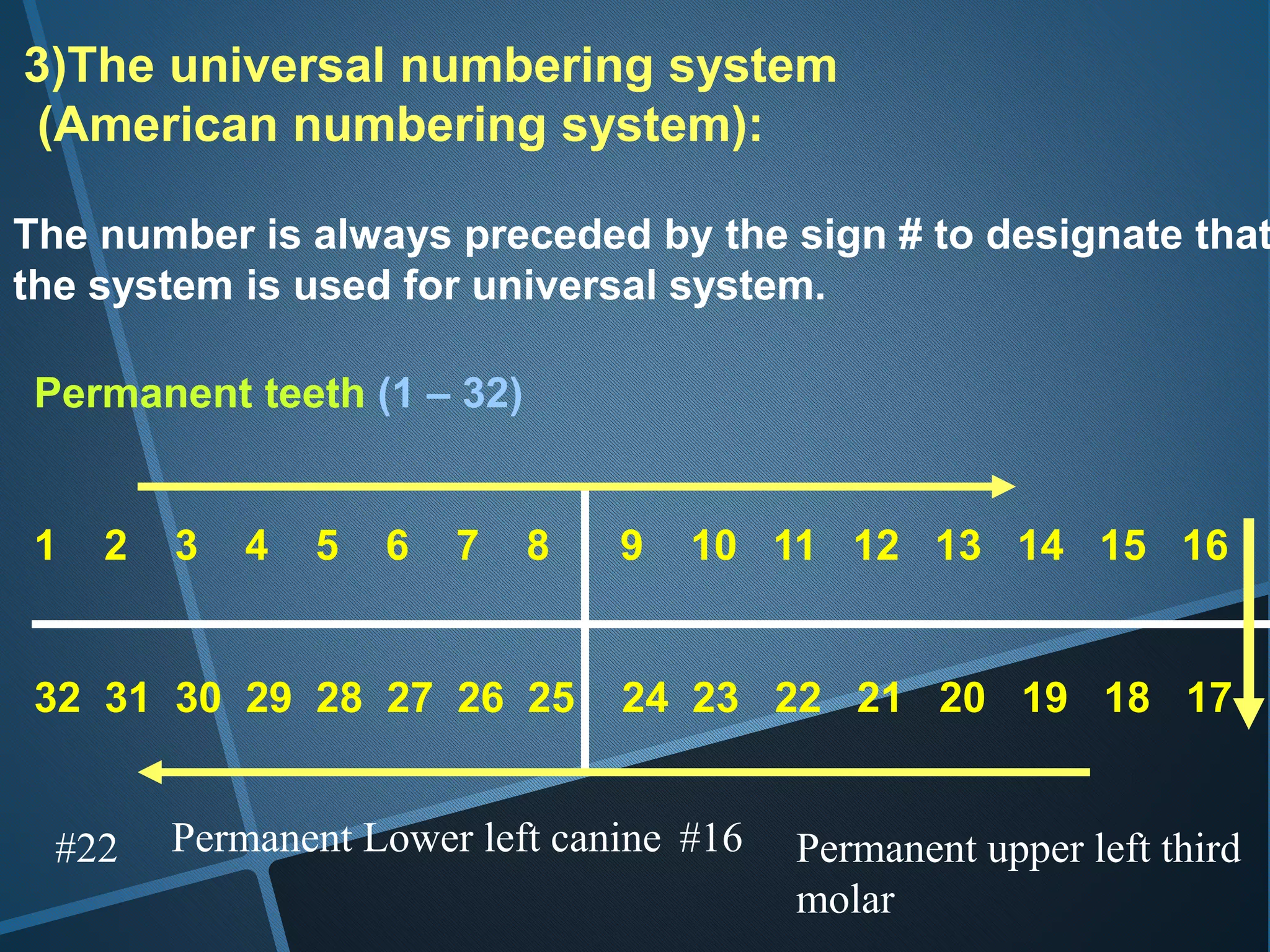 3)The universal numbering system
(American numbering system):
The number is always preceded by the sign # to designate that
the system is used for universal system.
Permanent teeth (1 – 32)
1 2 3 4 5 6 7 8 9 10 11 12 13 14 15 16
32 31 30 29 28 27 26 25 24 23 22 21 20 19 18 17
#22 Permanent Lower left canine #16 Permanent upper left third
molar
 