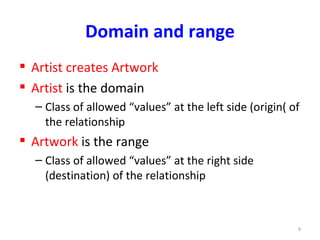 Domain and range
 Artist creates Artwork
 Artist is the domain
  – Class of allowed “values” at the left side (origin( of
    the relationship
 Artwork is the range
  – Class of allowed “values” at the right side
    (destination) of the relationship



                                                         9
 