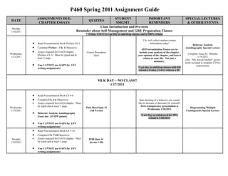 P460 Spring 2011 Assignment Guide
                ASSIGNMENTS DUE:                                            STUDENT                IMPORTANT                                        SPECIAL LECTURES
 DATE                                                      QUIZZES
                 CHAPTER ESSAYS                                              SMGMT.                REMINDERS                                         & OTHER EVENTS
 Monday
                                                                  Class Introduction and Pre-tests
1/10/2011                                           Reminder about Self-Management and GRE Preparation Classes
                                                         * Friday 1/14/11 is Last Day to add/drop classes, end of 100% refund

                                                                                                           TAs will collect student contact
            •   Read Procrastination Book Preface-Ch 3                                                          information today!
                                                                                                                                                          Behavior Analytic
            •   Complete Preface – Ch. 3 Objectives
                                                                                                          All Procrastination Essays are to
                                                                                                                                                    Autobiography Special Lecture
            •   Essays required for EACH chapter          Course Procedures                             include your analysis of the chapter,
Wednesday       (Preface-Ch.3). Must be typed and at                                                                                                  Complete Essay by Monday
                                                                Quiz                                   your opinion of the chapter, and how it
1/12/2011       least ½ page.                                                                                                                                   1/19/2011
                                                                                                           relates to your life. Not just a
                                                                                                                                                    (See “My Jewish Mother” power
                                                                                                                      summary.
                                                                                                                                                    point included in template CD for
            •   You CANNOT use OAPS for ANY                                                                                                                    instructions)
                writing assignments!                                                                   *Last day to add/drop classes with full
                                                                                                       refund is Friday 1/14/11 without a W!



                                                                   MLK DAY—NO CLASS!!
                                                                        1/17/2011


            •   Read Procrastination Book Ch 4-6
            •   Complete Ch. 4-6 Objectives                                                             Start thinking of a behavior you would
            •   Essays required for EACH chapter. Must                                                 like to increase or decrease for yourself!
                be typed and at least ½ page.                                                             First transparency presentation is
Wednesday                                                Pink Sheet Quiz #1                                                                            Diagramming Multiple
                                                                                                                 Wednesday 1/26/2011
1/19/2011                                                   (All Terms)                                                                             Contingencies Special Lecture
            •   Behavior Analytic Autobiography
                                                                                                         *Last Day to withdrawal for 90%
                Essay due (10 HW points)
                                                                                                               refund is 1/20/2011!

            •   You CANNOT use OAPS for ANY
                writing assignments!
            •   Read Procrastination Book Ch 7-10
            •   Complete Ch. 7-10 Objectives
 Monday     •   Essays required for EACH chapter. Must     POB Quiz #1
1/24/2011       be typed and at least ½ page.               (terms 1-20)

            •   You CANNOT use OAPS for ANY
                writing assignments!
 