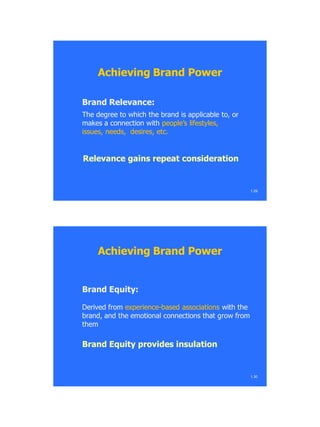 Brand Relevance:Brand Relevance:
The degree to which the brand is applicable to, orThe degree to which the brand is applicable to, or
makes a connection withmakes a connection with people‘s lifestyles,people‘s lifestyles,
issues, needs,issues, needs, desires, etc.desires, etc.
Relevance gains repeat considerationRelevance gains repeat consideration
Achieving Brand PowerAchieving Brand Power
1.29
Brand Equity:Brand Equity:
Derived fromDerived from experienceexperience--based associationsbased associations with thewith the
brand, and the emotional connections that grow frombrand, and the emotional connections that grow from
themthem
Brand Equity provides insulationBrand Equity provides insulation
Achieving Brand PowerAchieving Brand Power
1.30
 