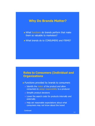 Why Do Brands Matter?Why Do Brands Matter?
 WhatWhat functionsfunctions do brands perform that makedo brands perform that make
them so valuable to marketers?them so valuable to marketers?
 What brands do to CONSUMERS and FIRMS?What brands do to CONSUMERS and FIRMS?
1.40
Roles to Consumers (Individual andRoles to Consumers (Individual and
OrganizationsOrganizations
 Functions provided by brands to consumersFunctions provided by brands to consumers
 Identify theIdentify the makermaker of the product and allowof the product and allow
consumers toconsumers to assign responsibilityassign responsibility to a producerto a producer
 Simplify product decisionsSimplify product decisions
 Lower the search costs for products internally andLower the search costs for products internally and
externallyexternally
 Help set reasonable expectations about whatHelp set reasonable expectations about what
consumers may not know about the brandconsumers may not know about the brand
ContinuedContinued
 