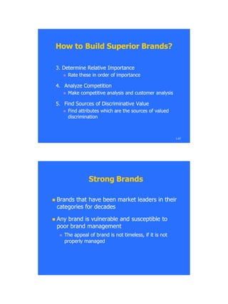 3.3. Determine Relative ImportanceDetermine Relative Importance
 Rate these in order of importanceRate these in order of importance
4.4. Analyze CompetitionAnalyze Competition
 Make competitive analysis and customer analysisMake competitive analysis and customer analysis
5.5. Find Sources of Discriminative ValueFind Sources of Discriminative Value
 Find attributes which are the sources of valuedFind attributes which are the sources of valued
discriminationdiscrimination
How to Build Superior Brands?How to Build Superior Brands?
1.67
Strong BrandsStrong Brands
 BrandsBrands that havethat have been market leaders in theirbeen market leaders in their
categories for decadescategories for decades
 Any brand is vulnerable and susceptible toAny brand is vulnerable and susceptible to
poor brand managementpoor brand management
 The appeal of brand is not timeless, if it is notThe appeal of brand is not timeless, if it is not
properly managedproperly managed
 
