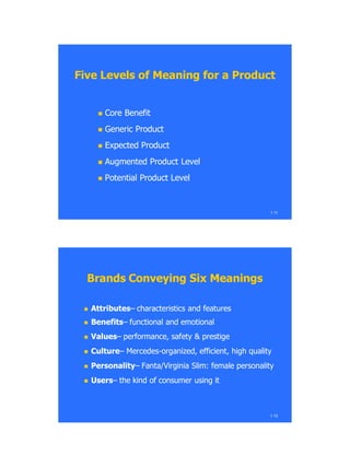 1.11
Five Levels of Meaning for a ProductFive Levels of Meaning for a Product
 Core BenefitCore Benefit
 Generic ProductGeneric Product
 Expected ProductExpected Product
 Augmented Product LevelAugmented Product Level
 Potential Product LevelPotential Product Level
1.12
Brands Conveying Six MeaningsBrands Conveying Six Meanings
 AttributesAttributes–– characteristics and featurescharacteristics and features
 BenefitsBenefits–– functional and emotionalfunctional and emotional
 ValuesValues–– performance, safety & prestigeperformance, safety & prestige
 CultureCulture–– MercedesMercedes--organized, efficient, high qualityorganized, efficient, high quality
 PersonalityPersonality–– FantaFanta/Virginia Slim: female personality/Virginia Slim: female personality
 UsersUsers–– the kind of consumer using itthe kind of consumer using it
 