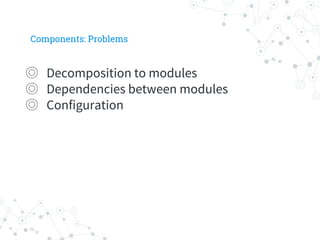 Components: Problems
◎ Decomposition to modules
◎ Dependencies between modules
◎ Configuration
 