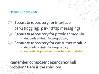 Module, DIP and code
◎ Separate repository for interface
psr-3 (logging), psr-7 (http messaging)
◎ Separate repository for provider module
○ depends on interface repository
◎ Separate repository for consumer module
○ depends on interface repository
○ no code dependencies between modules
Remember composer dependency hell
problem? Here is the solution!
 