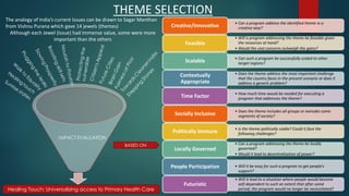 • Can a program address the identified theme in a
creative way?Creative/Innovative
• Will a program addressing the theme be feasible given
the resources at hand?
• Would the cost concerns outweigh the gains?
Feasible
• Can such a program be successfully scaled to other
target regions?Scalable
• Does the theme address the most important challenge
that the country faces in the present scenario or does it
address a generic problem?
Contextually
Appropriate
• How much time would be needed for executing a
program that addresses the theme?Time Factor
• Does the theme includes all groups or excludes some
segments of society?Socially Inclusive
• Is the theme politically viable? Could it face the
following challenges?Politically Immune
• Can a program addressing the theme be locally
governed?
• Would it lead to decentralization of power?
Locally Governed
• Will it be easy for such a program to get people’s
support?
People Participation
• Will it lead to a situation where people would become
self-dependent to such an extent that after some
period, the program would no longer be necessitated?
Futuristic
BASED ON
THEME SELECTION
The analogy of India’s current issues can be drawn to Sagar Manthan
from Vishnu Purana which gave 14 jewels (themes)
Although each Jewel (Issue) had immense value, some were more
important than the others
Healing Touch: Universalizing access to Primary Health Care
 