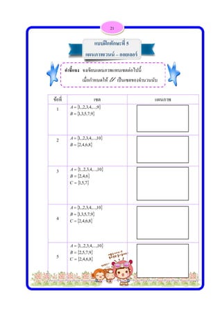  
 
ข้อที
1
2
3
4
5
ที่

1
1


B
A

2
1


B
A


1
2
1



C
B
A


2
1
1



C
B
A


2
2
1



C
B
A
คําชี้แจง
เซต

9,7,5,3,
9,...,4,3,2,,
8,6,4,2
10,...,4,3,2,,

7,5,1
6,4,2
10,...,4,3,2,,1

8,6,4,2
9,7,5,3,
10,...,4,3,2,,

8,6,4,2
9,7,5,2
10,...,4,3,2,,1
แบ
แผนภา
จงเขียนแผ
เมื่อกําหนด
ต

0
0
0
0
21
บฝึกทักษะ
พเวนน์ – อ
ผนภาพแทน
ดให้ U เป็
ะที่ 5
ออยเลอร์
นเซตต่อไปนี้
ปนเซตของจํ
แผน
นี้
จํานวนนับ
นภาพ
 