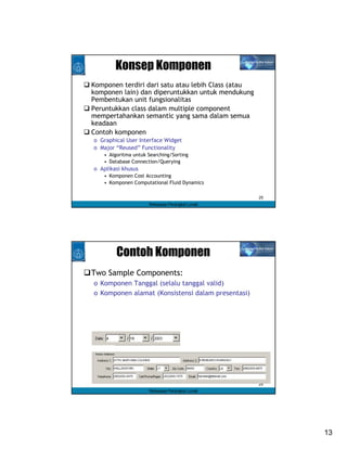 Konsep Komponen
Komponen terdiri dari satu atau lebih Class (atau
komponen lain) dan diperuntukkan untuk mendukung
Pembentukan unit fungsionalitas
Peruntukkan class dalam multiple component
mempertahankan semantic yang sama dalam semua
keadaan
Contoh komponen
o Graphical User Interface Widget
o Major “Reused” Functionality
   • Algoritma untuk Searching/Sorting
   • Database Connection/Querying
o Aplikasi khusus
   • Komponen Cost Accounting
   • Komponen Computational Fluid Dynamics

                                                    25
                     Rekayasa Perangkat Lunak




        Contoh Komponen
Two Sample Components:
o Komponen Tanggal (selalu tanggal valid)
o Komponen alamat (Konsistensi dalam presentasi)




                                                    26
                     Rekayasa Perangkat Lunak




                                                         13
 