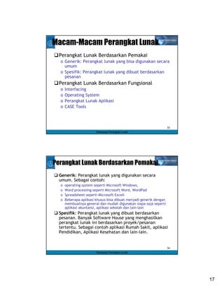 Macam-Macam Perangkat Lunak
  Perangkat Lunak Berdasarkan Pemakai
  o Generik: Perangkat lunak yang bisa digunakan secara
    umum
  o Spesifik: Perangkat lunak yang dibuat berdasarkan
    pesanan
  Perangkat Lunak Berdasarkan Fungsional
  o   Interfacing
  o   Operating System
  o   Perangkat Lunak Aplikasi
  o   CASE Tools



                                                                    33
                        Rekayasa Perangkat Lunak




Perangkat Lunak Berdasarkan Pemakai
  Generik: Perangkat lunak yang digunakan secara
  umum. Sebagai contoh:
  o   operating system seperti Microsoft Windows,
  o   Word processing seperti Microsoft Word, WordPad
  o   Spreadsheet seperti Microsoft Excell
  o   Beberapa aplikasi khusus bisa dibuat menjadi generik dengan
      membuatnya general dan mudah digunakan siapa saja seperti
      aplikasi akuntansi, aplikasi sekolah dan lain-lain
  Spesifik: Perangkat lunak yang dibuat berdasarkan
  pesanan. Banyak Software House yang menghasilkan
  perangkat lunak ini berdasarkan proyek/pesanan
  tertentu. Sebagai contoh aplikasi Rumah Sakit, aplikasi
  Pendidikan, Aplikasi Kesehatan dan lain-lain.


                                                                    34
                        Rekayasa Perangkat Lunak




                                                                         17
 