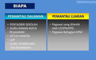 PEMANTAU DALAMAN       PEMANTAU LUARAN

• PENTADBIR SEKOLAH   • Pegawai yang dilantik
• GURU KANAN MATA       oleh LP/JPN/PPD
  PELAJARAN           • Pegawai Bahagian KPM
• KETUA PANITIA
• JUP
• GURU CEMERLANG
  (mp berkenaan)

                                                22
 