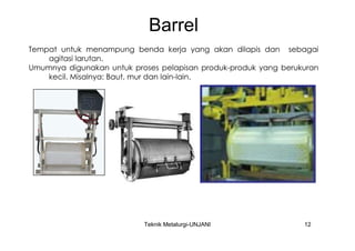 Barrel
Tempat untuk menampung benda kerja yang akan dilapis dan sebagai
    agitasi larutan.
Umumnya digunakan untuk proses pelapisan produk-produk yang berukuran
    kecil. Misalnya: Baut, mur dan lain-lain.




                           Teknik Metalurgi-UNJANI               12
 