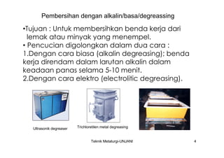 Pembersihan dengan alkalin/basa/degreassing

•Tujuan : Untuk membersihkan benda kerja dari
  lemak atau minyak yang menempel.
• Pencucian digolongkan dalam dua cara :
1.Dengan cara biasa (alkalin degreasing); benda
kerja direndam dalam larutan alkalin dalam
keadaan panas selama 5-10 menit.
2.Dengan cara elektro (electrolitic degreasing).




  Ultrasonik degreaser   Trichloretilen metal degreasing


                                 Teknik Metalurgi-UNJANI   4
 