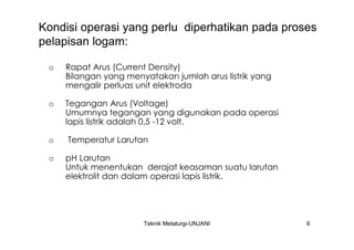Kondisi operasi yang perlu diperhatikan pada proses
pelapisan logam:

 o   Rapat Arus (Current Density)
     Bilangan yang menyatakan jumlah arus listrik yang
     mengalir perluas unit elektroda

 o   Tegangan Arus (Voltage)
     Umumnya tegangan yang digunakan pada operasi
     lapis listrik adalah 0,5 -12 volt.

 o   Temperatur Larutan

 o   pH Larutan
     Untuk menentukan derajat keasaman suatu larutan
     elektrolit dan dalam operasi lapis listrik.




                       Teknik Metalurgi-UNJANI           6
 