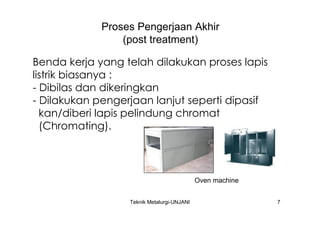Proses Pengerjaan Akhir
                 (post treatment)

Benda kerja yang telah dilakukan proses lapis
listrik biasanya :
- Dibilas dan dikeringkan
- Dilakukan pengerjaan lanjut seperti dipasif
  kan/diberi lapis pelindung chromat
  (Chromating).




                                            Oven machine


                  Teknik Metalurgi-UNJANI                  7
 