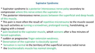* Supinator syndrome is a posterior interosseous nerve palsy secondary to
compression where this nerve enters the supinator m..
* The posterior interosseous nerve passes between the superficial and deep heads
of this muscle,
* This pain is most often the result of repetitive microtrauma to the muscle caused
by such activities as turning a screwdriver, prolonged ironing, handshaking, or
digging with a trowel
* pain localized to the supinator muscle, which worsens after a few minutes of
forced supination.
* sudden or progressive finger extension weakness.
* Denervation of the supinator is classically spared
* Sensation is normal in the territory of the superficial sensory radial nerve
* the brachioradialis muscle has normal strength.
 