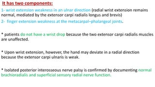 It has two components:
1- wrist extension weakness in an ulnar direction (radial wrist extension remains
normal, mediated by the extensor carpi radialis longus and brevis)
2- finger extension weakness at the metacarpal–phalangeal joints.
* patients do not have a wrist drop because the two extensor carpi radialis muscles
are unaffected.
* Upon wrist extension, however, the hand may deviate in a radial direction
because the extensor carpi ulnaris is weak.
* Isolated posterior interosseous nerve palsy is confirmed by documenting normal
brachioradialis and superficial sensory radial nerve function.
 