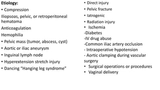 Etiology:
• Compression
Iliopsoas, pelvic, or retroperitoneal
hematoma
Anticoagulation
Hemophilia
• Pelvic mass (tumor, abscess, cyst)
• Aortic or iliac aneurysm
• Inguinal lymph node
• Hyperextension stretch injury
• Dancing “Hanging leg syndrome”
• Direct injury
• Pelvic fracture
• Iatrogenic
• Radiation injury
• Ischemia
-Diabetes
-IV drug abuse
-Common iliac artery occlusion
- Intraoperative hypotension
- Aortic clamping during vascular
surgery
• Surgical operations or procedures
• Vaginal delivery
 