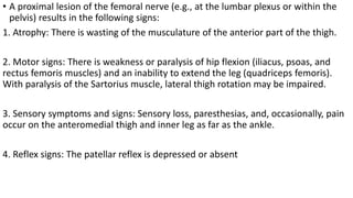 • A proximal lesion of the femoral nerve (e.g., at the lumbar plexus or within the
pelvis) results in the following signs:
1. Atrophy: There is wasting of the musculature of the anterior part of the thigh.
2. Motor signs: There is weakness or paralysis of hip flexion (iliacus, psoas, and
rectus femoris muscles) and an inability to extend the leg (quadriceps femoris).
With paralysis of the Sartorius muscle, lateral thigh rotation may be impaired.
3. Sensory symptoms and signs: Sensory loss, paresthesias, and, occasionally, pain
occur on the anteromedial thigh and inner leg as far as the ankle.
4. Reflex signs: The patellar reflex is depressed or absent
 