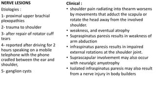 NERVE LESIONS
Etiologies :
1- proximal upper brachial
plexopathies
2- trauma to shoulder
3- after repair of rotator cuff
tears
4- reported after driving for 2
hours speaking on a mobile
telephone with the phone
cradled between the ear and
shoulder,
5- ganglion cysts
Clinical :
• shoulder pain radiating into thearm worsens
by movements that adduct the scapula or
rotate the head away from the involved
shoulder.
• weakness, and eventual atrophy
• Supraspinatus paresis results in weakness of
arm abduction
• infraspinatus paresis results in impaired
external rotations at the shoulder joint.
• Suprascapular involvement may also occur
with neuralgic amyotrophy
• Isolated infraspinatus paresis may also result
from a nerve injury in body builders
 