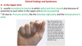 Clinical Findings and Syndromes
A - In the Upper Arm:
1- usually secondary to trauma in which radial and ulnar injured also because of
proximity to each other in the upper arm (triad neuropathy).
* Or due to Pressure palsies, like the Saturday night palsy and the honeymooner’s
palsy.
 