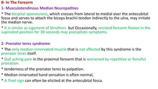 B- In The Forearm
1- Musculotendinous Median Neuropathies
* The bicipital aponeurosis, which crosses from lateral to medial over the antecubital
fossa and serves to attach the biceps brachii tendon indirectly to the ulna, may irritate
the median nerve.
* It is similar as Ligament of Struthers but Occasionally, resisted forearm flexion in the
supinated position for 30 seconds may precipitate symptoms.
2- Pronator teres syndrome:
* The only median-innervated muscle that is not affected by this syndrome is the
pronator teres itself.
* Dull aching pain in the proximal forearm that is worsened by repetitive or forceful
pronation.
* tenderness of the pronator teres to palpation.
* Median-innervated hand sensation is often normal,
* A Tinel sign can often be elicited at the antecubital fossa.
 