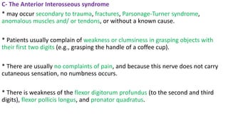 C- The Anterior Interosseous syndrome
* may occur secondary to trauma, fractures, Parsonage-Turner syndrome,
anomalous muscles and/ or tendons, or without a known cause.
* Patients usually complain of weakness or clumsiness in grasping objects with
their first two digits (e.g., grasping the handle of a coffee cup).
* There are usually no complaints of pain, and because this nerve does not carry
cutaneous sensation, no numbness occurs.
* There is weakness of the flexor digitorum profundus (to the second and third
digits), flexor pollicis longus, and pronator quadratus.
 