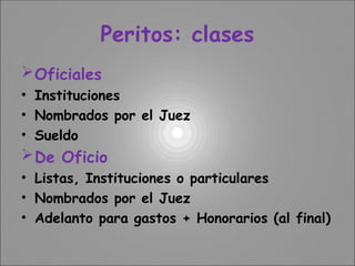 Peritos: clases
Oficiales
• Instituciones
• Nombrados por el Juez
• Sueldo
De Oficio
• Listas, Instituciones o particulares
• Nombrados por el Juez
• Adelanto para gastos + Honorarios (al final)
 