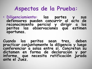 Aspectos de la Prueba:
• Diligenciamiento: las partes y sus
defensores pueden concurrir al acto de
reconocimiento pericial y dirigir a los
peritos las observaciones que estimen
oportunas.
Cuando los peritos sean tres, deben
practicar conjuntamente la diligencia y luego
conferenciar a solas entre sí. Concretan su
dictamen en forma de declaración y por
informe, que necesita ratificación jurada
ante el Juez.
 