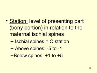 • Station: level of presenting part
  (bony portion) in relation to the
  maternal ischial spines
  – Ischial spines = O station
  – Above spines: -5 to -1
  – Below spines: +1 to +5

                                      18
 