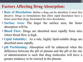 Factors Affecting Drug Absorption:
 Rate of Dissolution: Before a drug can be absorbed, it must first
dissolve. Drugs in formulations that allow rapid dissolution have a
faster onset than drugs formulated for slow dissolution.
 Surface Area: The larger the surface area, the faster
absorption will be.
 Blood Flow: Drugs are absorbed most rapidly from sites
where blood flow is high.
 Lipid Solubility: As a rule, highly lipid-soluble drugs are
absorbed more rapidly.
 pH Partitioning: Absorption will be enhanced when the
difference between the pH of plasma and the pH at the site
of administration is such that drug molecules will have a
greater tendency to be ionized in the plasma.
 