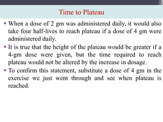 Time to Plateau
 When a dose of 2 gm was administered daily, it would also
take four half-lives to reach plateau if a dose of 4 gm were
administered daily.
 It is true that the height of the plateau would be greater if a
4-gm dose were given, but the time required to reach
plateau would not be altered by the increase in dosage.
 To confirm this statement, substitute a dose of 4 gm in the
exercise we just went through and see when plateau is
reached.
 