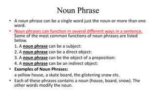 Noun Phrase
• A noun phrase can be a single word just the noun-or more than one
word.
• Noun phrases can function in several different ways in a sentence.
Some of the most common functions of noun phrases are listed
below.
1. A noun phrase can be a subject:
2. A noun phrase can be a direct object:
3. A noun phrase can be the object of a preposition:
4. A noun phrase can be an indirect object:
• Examples of Noun Phrases:
a yellow house, a skate board, the glistening snow etc.
• Each of these phrases contains a noun (house, board, snow). The
other words modify the noun.
 
