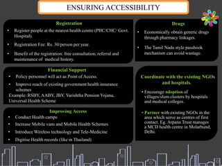 • Encourage adoption of
villages/slum clusters by hospitals
and medical colleges.
• Partner with existing NGOs in the
area which serve as centres of first
contact. Eg. Arpana Trust manages
a MCD health centre in Molarbund,
Delhi.
Coordinate with the existing NGOs
and hospitals.
ENSURING ACCESSIBILITY
• Economically obtain generic drugs
through pharmacy linkages.
• The Tamil Nadu style passbook
mechanism can avoid wastage.
• Conduct Health camps
• Increase Mobile vans and Mobile Health Schemes
• Introduce Wireless technology and Tele-Medicine
• Digitise Health records (like in Thailand)
Improving Access
Drugs
• Register people at the nearest health centre (PHC/CHC/ Govt.
Hospital).
• Registration Fee: Rs. 30/person per year.
• Benefit of the registration: free consultation; referral and
maintenance of medical history.
Registration
• Policy personnel will act as Point of Access.
• Improve reach of existing government health insurance
schemes
Example: RSBY, AABY, JBY, Varishtha Pension Yojana,
Universal Health Scheme
Financial Support
 