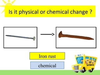 Is it reversible or irreversible change ?
Iron rust
chemical
Is it physical or chemical change ?
 
