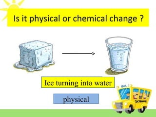 Is it reversible or irreversible change ?
Ice turning into water
physical
Is it physical or chemical change ?
 