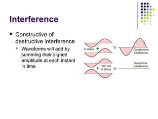 Interference
 Constructive of
destructive interference
 Waveforms will add by
summing their signed
amplitude at each instant
in time
 