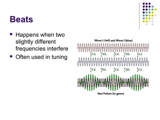 Beats
 Happens when two
slightly different
frequencies interfere
 Often used in tuning
 
